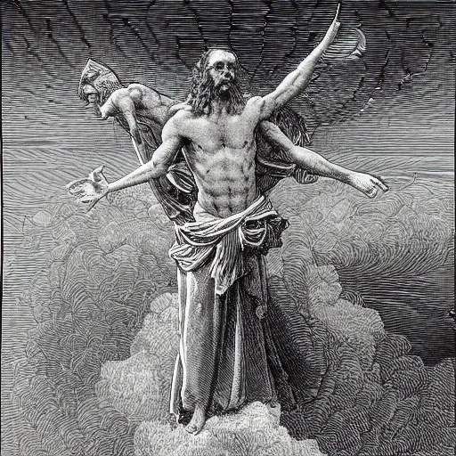 Prompt: god and jesus in the heavens, by moebius, colorful, by gustave dore