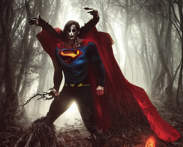 Image similar to 5 5 mm portrait photo of a demonic undead superman in a magical forest. magical atmosphere. art by greg rutkowski and luis royo. highly detailed 8 k. intricate. lifelike. soft light. nikon d 8 5 0.