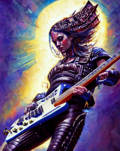 Prompt: a portrait of a holy paladin of the light shredding an electric guitar by sandra chevrier, by jon foster, detailed render, epic composition, cybernetics, 4 k realistic, cryengine, realistic shaded lighting, sharp focus, masterpiece, by enki bilal