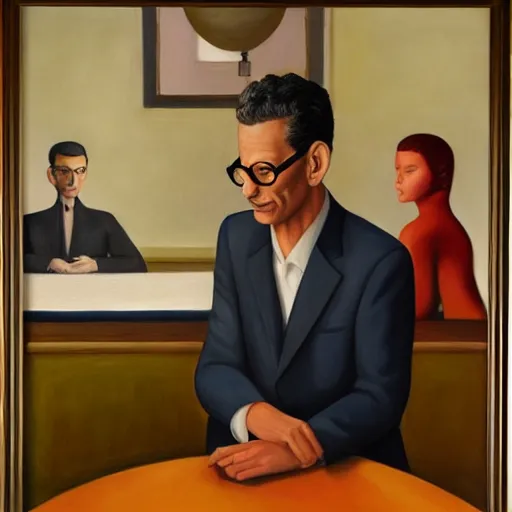 Image similar to jeff goldblum being jeff goldblum, grant wood, pj crook, edward hopper, oil on canvas