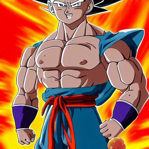 Image similar to Full body portrait of Goku fused with Master Roshi from Dragon Ball Z, detailed, artstation, by Kyoto Animation and Studio Ghibli and GAINAX