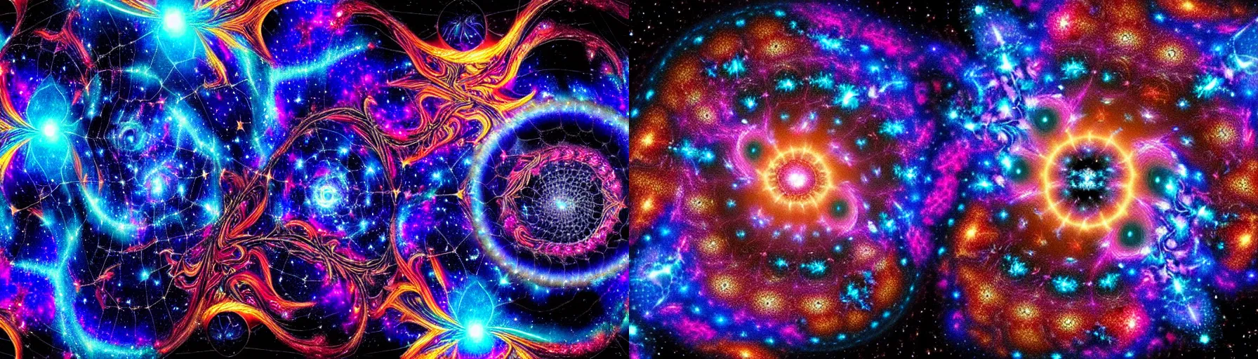 Prompt: a galaxy exploding, psychedelic colors, a blacksmith swinging his hammer at his forge, realistic reflections, body building blacksmith, stars, psychedelic patterns, fractal, rippling fabric of reality, the spider that weaves the web of time