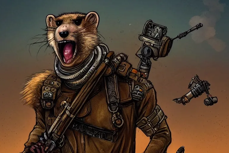 Image similar to a good ol'weasel fursona ( from the furry fandom ), heavily armed and armored facing down armageddon in a dark and gritty version from the makers of mad max : fury road. witness me.