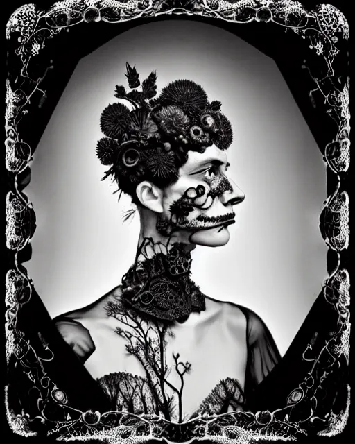 Image similar to surreal black and white tintype photo portrait of complex bio-mechanical beautiful young female vegetal-cyborg with a Mandelbrot fractal steampunk metal fine lace face, a very long neck and a fine metal floral foliage super big lace collar by Alexander McQueen:: smoke, high fashion, haute couture, rococo, steampunk, silver filigree details, anatomical, facial muscles, cable wires, microchip, elegant, dreamy, foggy atmosphere, hyper realistic, 150 mm lens, soft rim light, octane render, unreal engine, picture was taken in 1910 by Man Ray, volumetric lighting, dramatic light,8k,