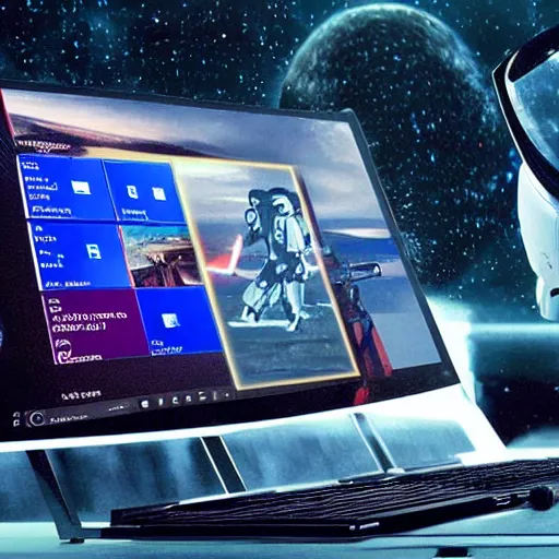 Image similar to Installing Windows 10 on a starship computer, Movie still from Star Wars