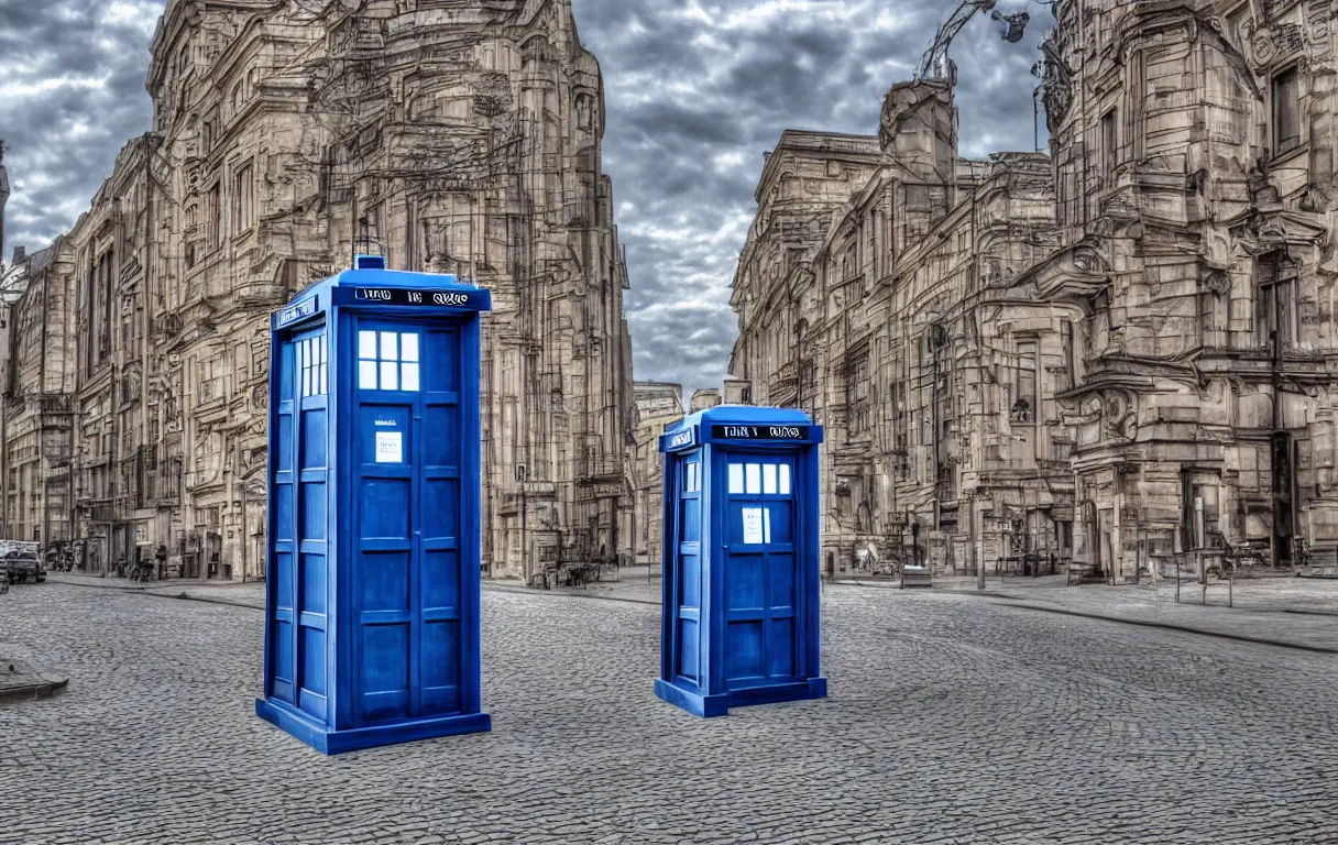 Prompt: the tardis on a street in berlin during 1 9 6 2, colour, highly detailed, photo, photorealistic, sharp focus, 4 k, hdr