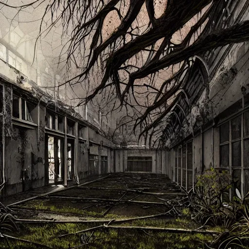 Image similar to abandoned high school overtaken by plants and nature and rot, artstation, high quality, detailed, eerie atmosphere