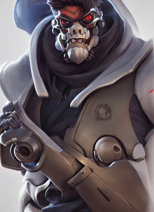 Prompt: character portrait of a fusion of Winston from Overwatch and Reaper from Overwatch by ArtGerm and Tom Bagshaw, 4k, highly detailed, cinematic lighting, characters merged