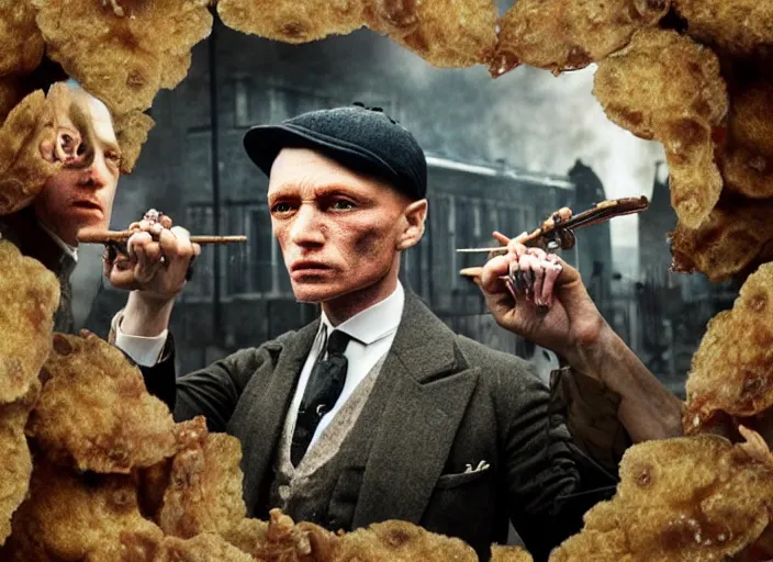 Prompt: peaky blinders made of fried shrimp, lowbrow, matte painting, 3 - d highly detailed, in the style of mark ryden,