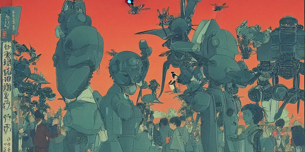 Image similar to gigantic dragonflies with human faces catch tiny robots, a lot of exotic mechas robots around, human heads everywhere, risograph by kawase hasui, edward hopper, satoshi kon and moebius, no text!, colorful flat surreal design, super - detailed, a lot of tiny details, fullshot