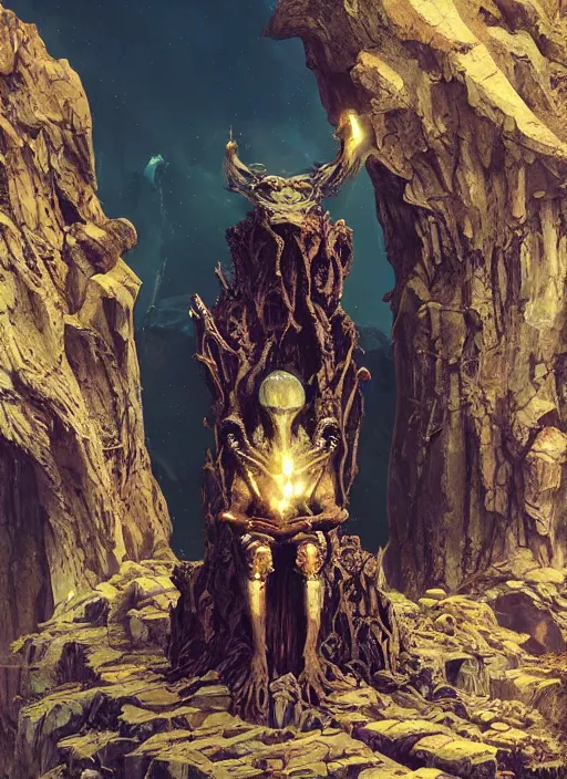 Image similar to hyper realistic photography of intricate symmetric strange alien bone god sitting on ruined ornamented rock throne in a crystal cave detailed, greg rutkowski, mignola, moebius, artstation, cgsociety