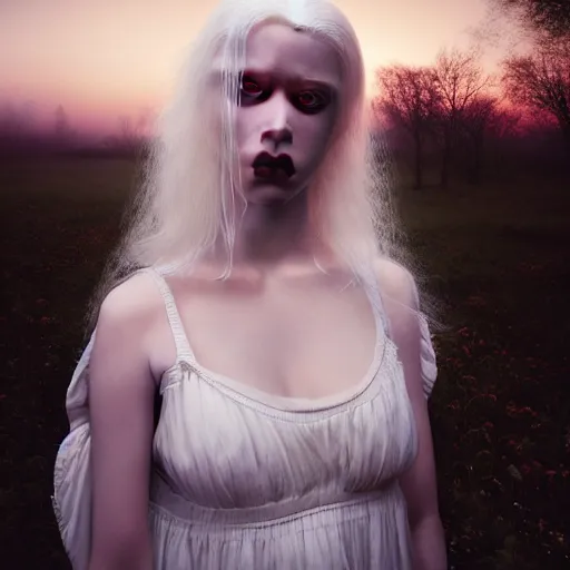 Image similar to photographic portrait of a stunningly beautiful albino gothic female in soft dreamy light at sunset, contemporary fashion shoot, by edward robert hughes, annie leibovitz and steve mccurry, david lazar, jimmy nelsson, breathtaking, 8 k resolution, extremely detailed, beautiful, establishing shot, artistic, hyperrealistic, beautiful face, octane render