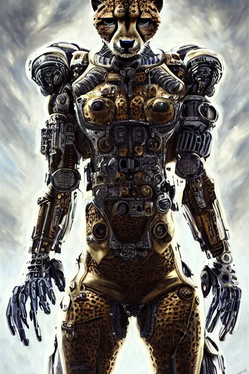 Image similar to a portrait of a muscular anthropomorphic cyberpunk cheetah in spacesuit armor with ensignia on chest plate by sandra chevrier, by jon foster, detailed render, post - processing, extremely hyperdetailed, intricate, epic composition, cybernetics, 4 k realistic, cryengine, realistic shaded lighting, sharp focus, masterpiece, by enki bilal