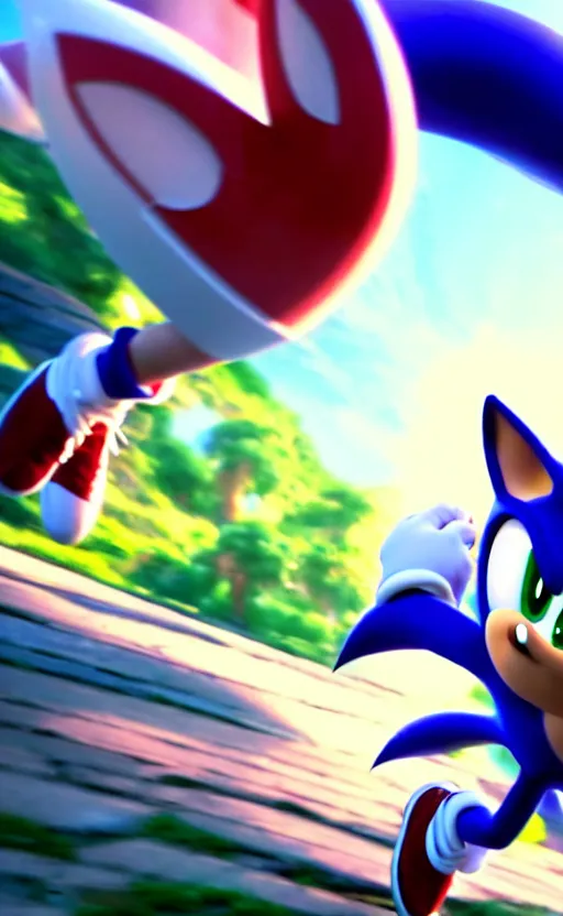 Image similar to super super super epic cinematic shot of sonic the hedgehog, 8k miyazaki anime scene, motion blur, red shoes, green eyes, ++++++ super super super dynamic action running, concept photos, dynamic lighting, dynamic shaders, sunny day, green hill zone, amazing quality