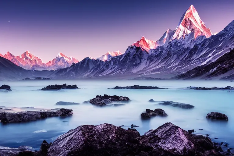 Image similar to beautiful nighttime landscape photography of the Himalayan Mountains with a crystal blue lake, serene, dramatic lighting.