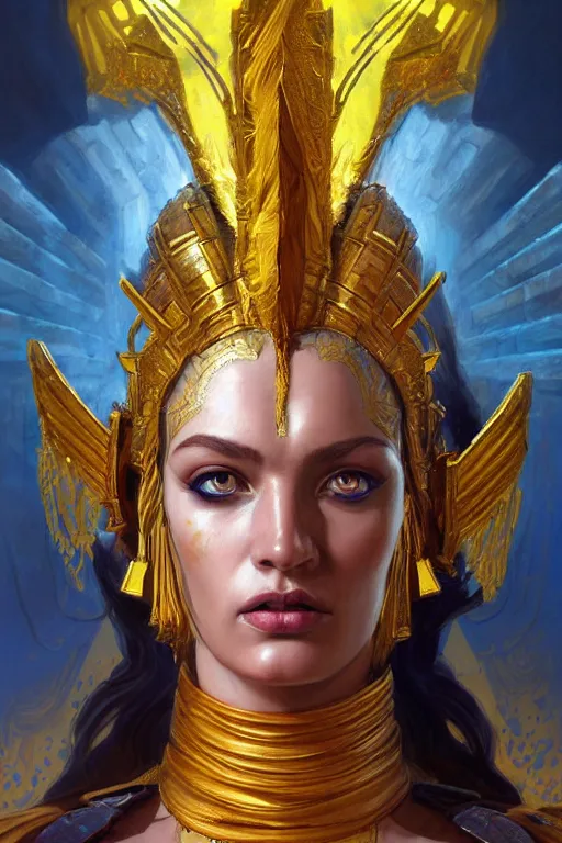 Prompt: The angry Godess Hera, portrait, highly detailed, digital painting, artstation, concept art, smooth, detailed rusty armor, sharp focus, beautiful face, symmetric face, dystopian, cinematic, videogame cover art, illustration, fantasy, blue and yellow color theme, art by Artgerm and Greg Rutkowski and Alphonse Mucha