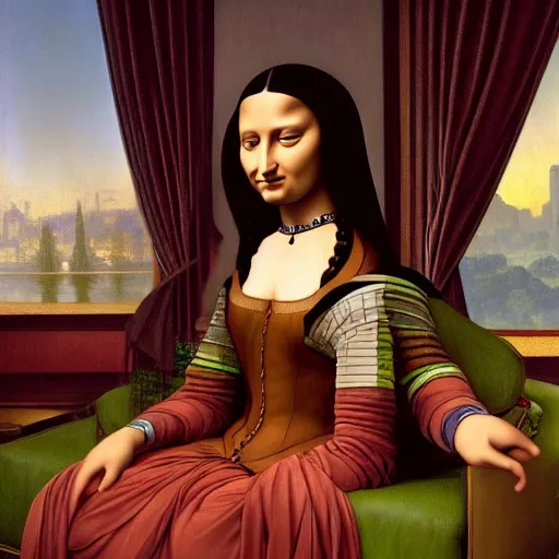 Image similar to Monalisa is sitting on her living room couch. She is dressed casually and is watching TV, Regal, Realistic, Refined, Detailed Digital Art, Josephine wall, Oil Painting, William-Adolphe Bouguereau, Art Frahm, Esao Andrews, Steampunk, Walt Disney (1937), Highly Detailed, Cinematic Lighting, Unreal Engine, 8k, HD