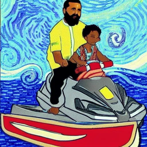 Image similar to Obama and DJ Khaled riding a jet ski, by Van Gogh