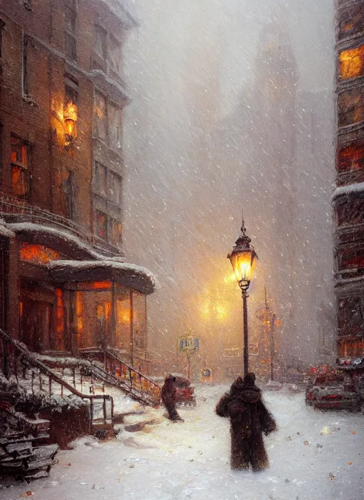 Prompt: new york apartment building in winter, wreath on door, snow, artwork by gaston bussiere, craig mullins, trending on artstation