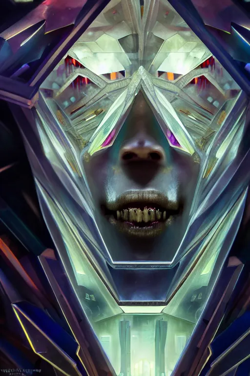 Image similar to dreamland of chinese, ghost, sharp, slender and densely arranged teeth, futuristic, expressive, dystopian, cyberpunk, mecha, halfturn portrait of a big crystal face made of crystals half - turn, ominous, intricate, studio, art by anthony macbain + greg rutkowski + alphonse mucha, concept art, 4 k, sharp focus