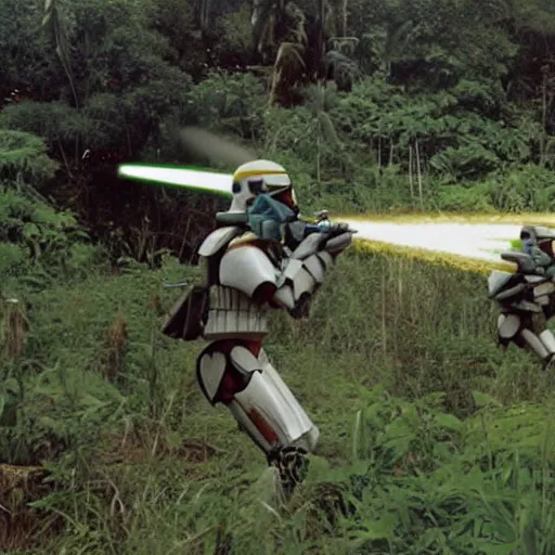 Prompt: star wars clone troopers combat soldiers in vietnam, photo, old picture, lush landscape, jungle, firearms, explosions, x wings, aerial combat, active battle zone, flamethrower, air support, jedi, land mines, gunfire, violent, star destroyers, star wars lasers, sci - fi, jetpacks, agent orange, bomber planes, smoke, trench warfare