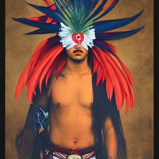 Image similar to a male tupi guarani warrior portrait with bird of paradise flower covering his face, art by marco mazzoni, dark background, asymmetrical, cinematic, colors red white blue and black