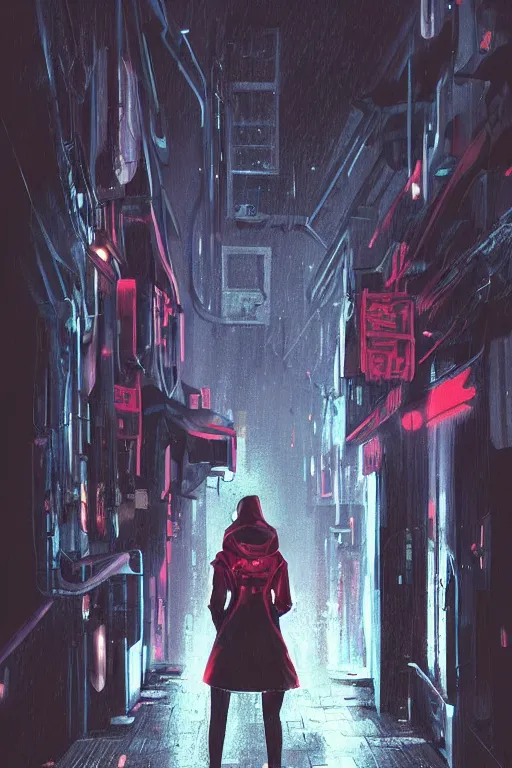 Prompt: a woman in a raincoat standing in a dark alley, cyberpunk art by vincent lefevre, featured on cgsociety, afrofuturism, darksynth, 2 d game art, behance hd