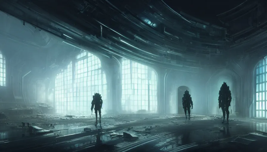 Image similar to high tech nomands exploring abandoned laboratory from the future, scifi, dark scifi, space horror, light, shadows, reflections, steam, epic composition, intricate, elegant, volumetric lighting, digital painting, highly detailed, artstation, sharp focus, illustration, concept art, ruan jia, steve mccurry