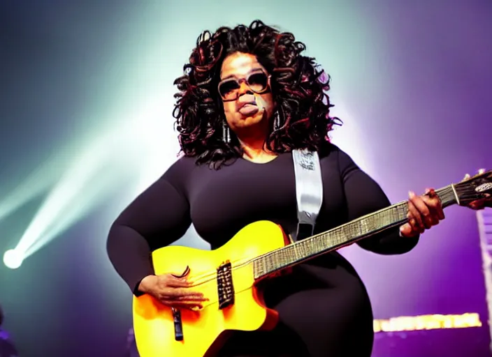 Image similar to publicity photo still of oprah winfrey shredding guitar with every time i die live on stage, 8 k, live concert lighting, mid shot