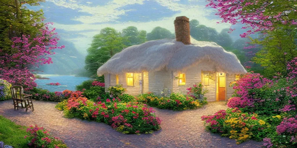 Prompt: a swedish cottage by the sea, in the style of thomas kinkade