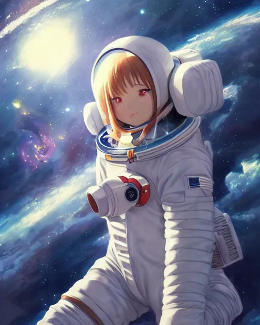 Image similar to an astronaut anime girl in an astronaut suit floating in space, cosmic skies. By Makoto Shinkai, Stanley Artgerm Lau, WLOP, Rossdraws, James Jean, Andrei Riabovitchev, Marc Simonetti, krenz cushart, Sakimichan, trending on ArtStation, digital art.