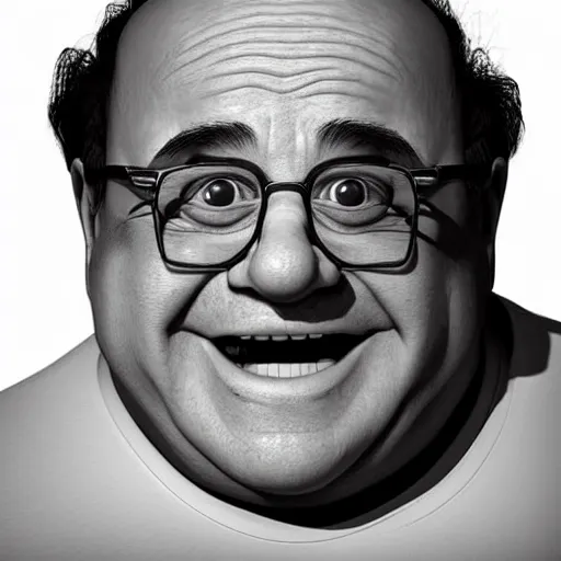 Image similar to digital art of portrait of danny devito, excited facial expression, head - and - shoulders shot, white background, cute pixar character, houdini 3 d render