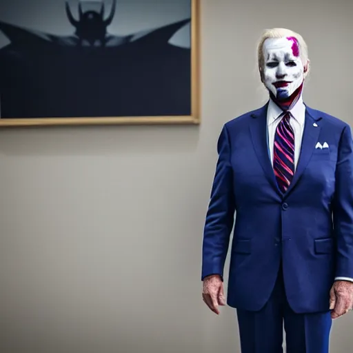 Image similar to Joe Biden as The Joker in Batman, film grain, EOS-1D, f/1.4, ISO 200, 1/160s, 8K, RAW, symmetrical balance, in-frame, Dolby Vision