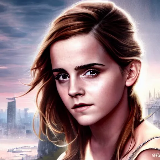 Prompt: a beautiful matte painting of emma watson, by steve argyle and mark arian