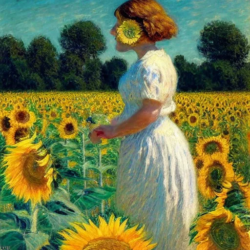 Image similar to a girl in amazing tall sunflower field, her hair flowing down, subtle, intricate details, real masterpiece, impressionist painting, by gustave caillebotte