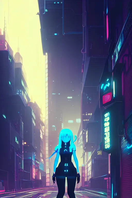 Image similar to digital illustration of cyberpunk pretty girl with blue hair, wearing a black ominatrix outfit, in city street at night, by makoto shinkai, ilya kuvshinov, lois van baarle, rossdraws, basquiat