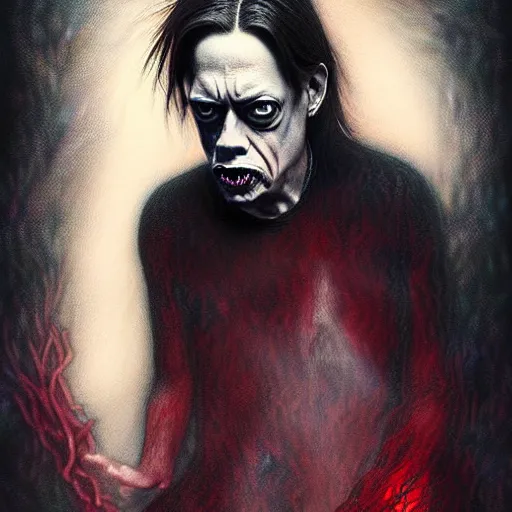 Prompt: disturbing grunge still of a lovecraftian demon infested steve buscemi, crayon horror art in dark and muted colors, by arthur adams, by tom bagshaw, by henry asencio, by kikuchi hideyuki