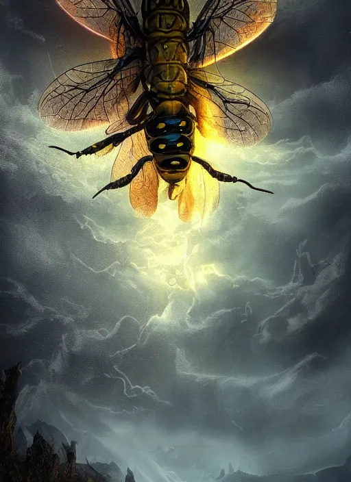 Image similar to photo of a crazy wasp, warped reality, cinematic lighting, fantasy landscape, artstation, art by alison watt, altichiero, americo makk, arthur hughes