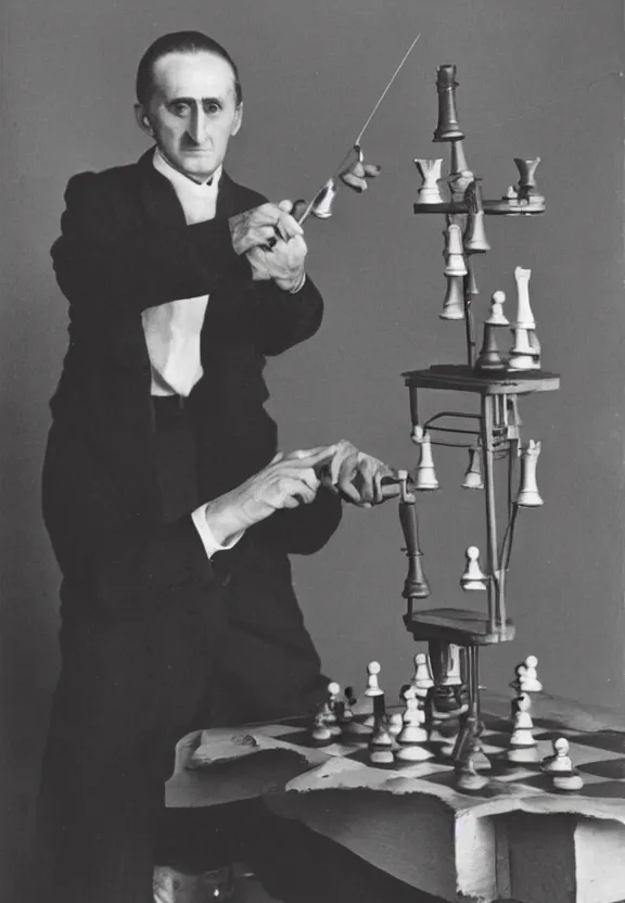 Image similar to marcel duchamp holding up a chess - piece wire - machine, a surrealist painting by marcel duchamp, complex artificial - intelligence machinery, flickr contest winner, studio portrait, 1 9 2 0 s