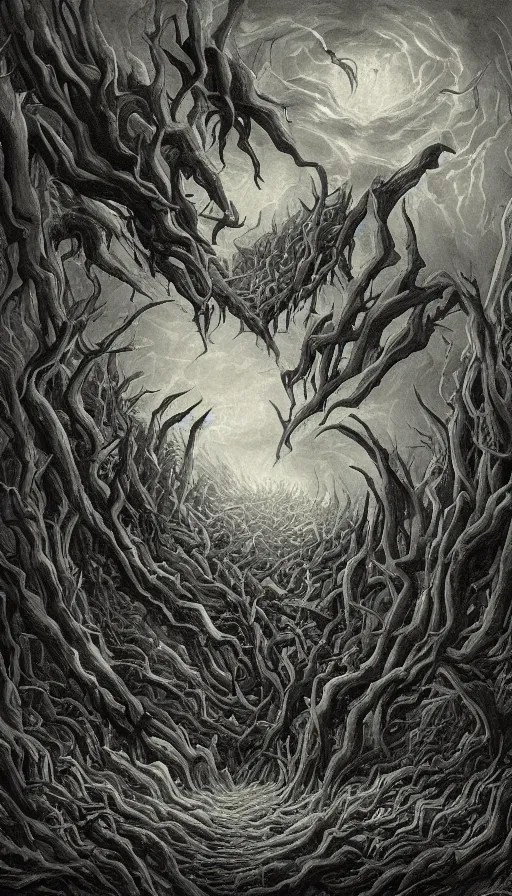 Prompt: a storm vortex made of many demonic eyes and teeth over a forest, by fortiche studio