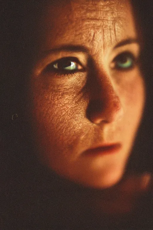 Image similar to close up portrait photography of a white woman with bright eyes standing in desert at night, 35mm, film photo, steve mccurry