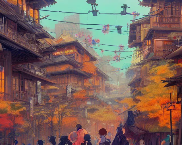 Image similar to street-level view of a great, colorful kitsune city, bamboo, flowers, anime, fox people, a fantasy digital painting by Greg Rutkowski and James Gurney, trending on Artstation, highly detailed