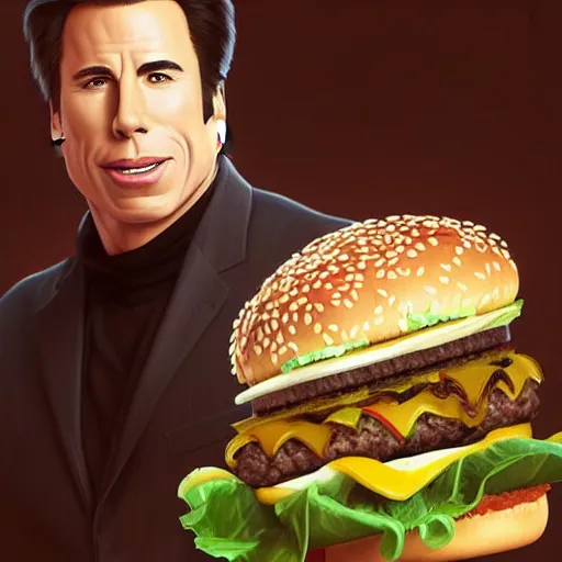 Prompt: portrait of John Travolta eating big mac hamburgers, extra onions and ketchup, hyperdetails, displacement mapped octane render, luscious patty with sesame seeds, ethereal, handsome, D&D, fantasy, intricate, elegant, highly detailed, digital painting, artstation, concept art, matte, sharp focus, illustration, art by Artgerm and Greg Rutkowski and Alphonse Mucha
