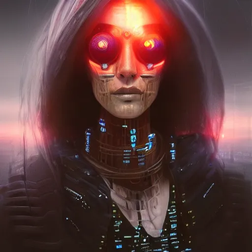 Prompt: extremely detailed portrait of a cyberpunk woman, eye implants, street vendors, citizens, augmented cyborgs, robots, skyscapers, buildings, clouds, sunset, painted by seb mckinnon, high detail, digital art, trending on artstation