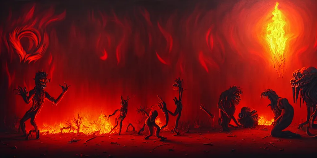 Image similar to repressed emotion creatures and monsters riot in a fiery wasteland, dramatic lighting glow from giant fire, attempting to escape to the surface and start a revolution, in a dark surreal painting by ronny khalil