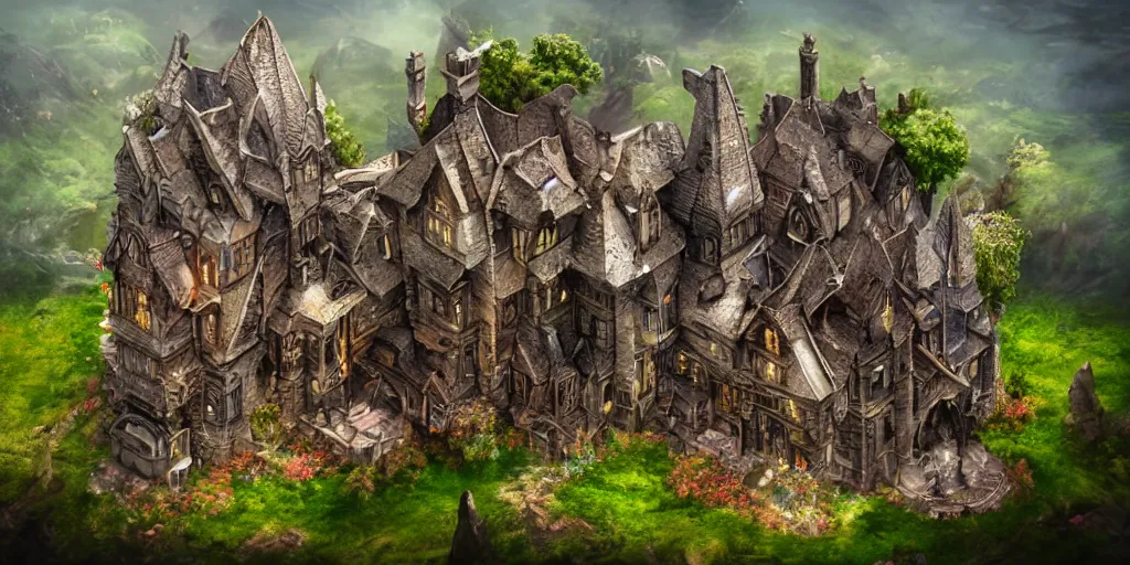 Image similar to \'mimic fantasy houses\' with clawed feet, far away landscape shot, tilt-shifted, high quality art, 4k