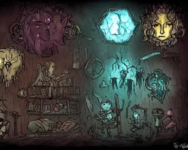 Prompt: Magical crystals, dark fantasy art, darkest dungeon style