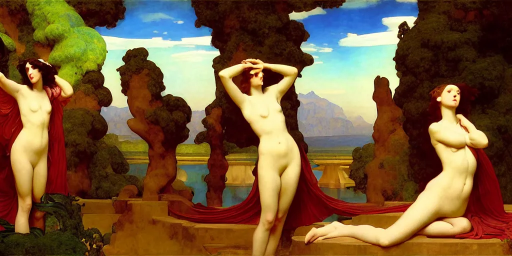 Prompt: an oasis in the middle of the desert, an art deco painting by Frederic Leighton and Daniel Maclise and Rolf Armstrong and Evelyn De Morgan and Bastien Lecouffe-Deharme, dutch golden age, dramatic lighting, high contrast colors, baroque, empyrean, panoramic view, cgsociety, highly detailed, doom engine,