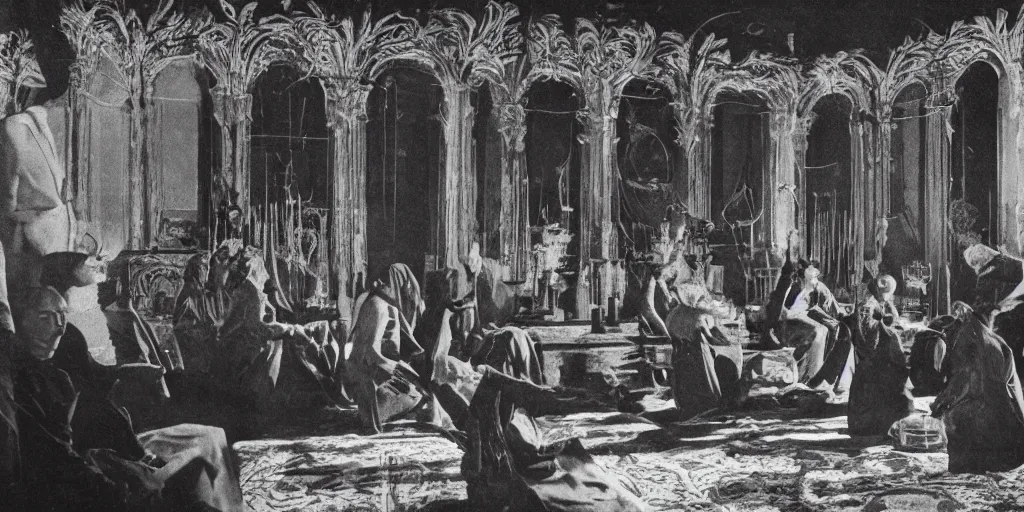 Image similar to 1920s photography of an occult ceremony meeting in the dolomites, occult signs, wicca, alp, dolomites, alpine, detailed intricate insanely detailed octane render, 8k artistic 1920s photography, photorealistic, black and white, chiaroscuro, hd, by David Cronenberg, Raphael, Caravaggio