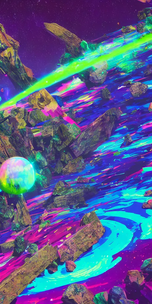 Image similar to partially disintegrated stone drifting in outer space with a colorful trail, psychedelic art, vaporwave art, glitchcore art, detailed, 8 k, trending on artstation